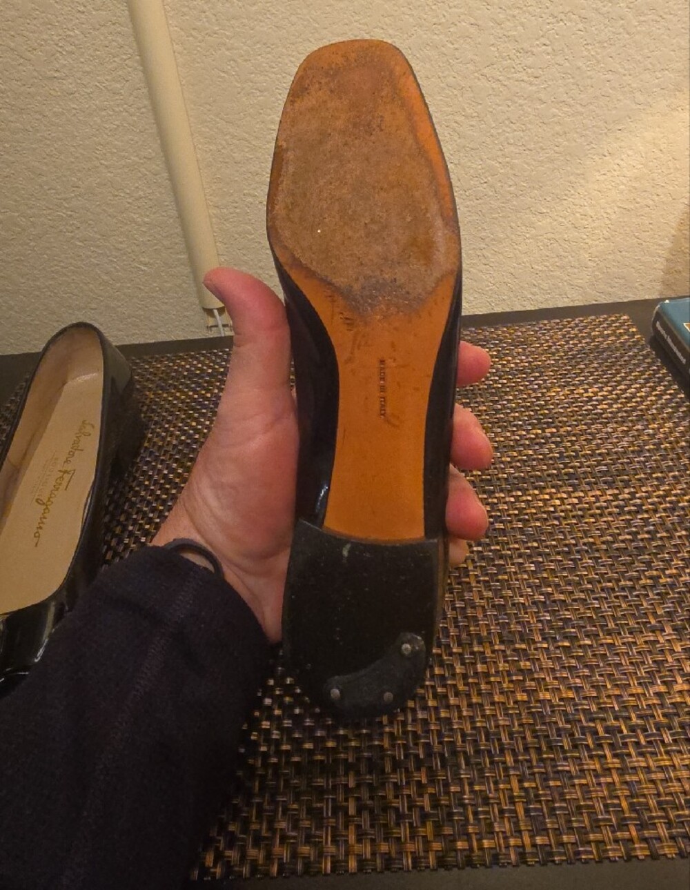 Salvatore Ferragamo Black Patent Vara Bow Flats with Gold Plaque - Picture 7 of 14